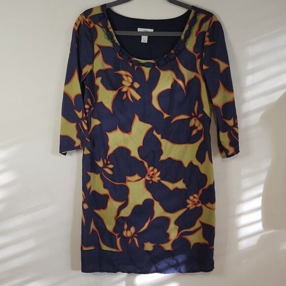 LOFT by Ann Taylor Blue Green Floral Mini Round  Neck Mini Shirt Dress 4 T20 - Picture 2 of 10